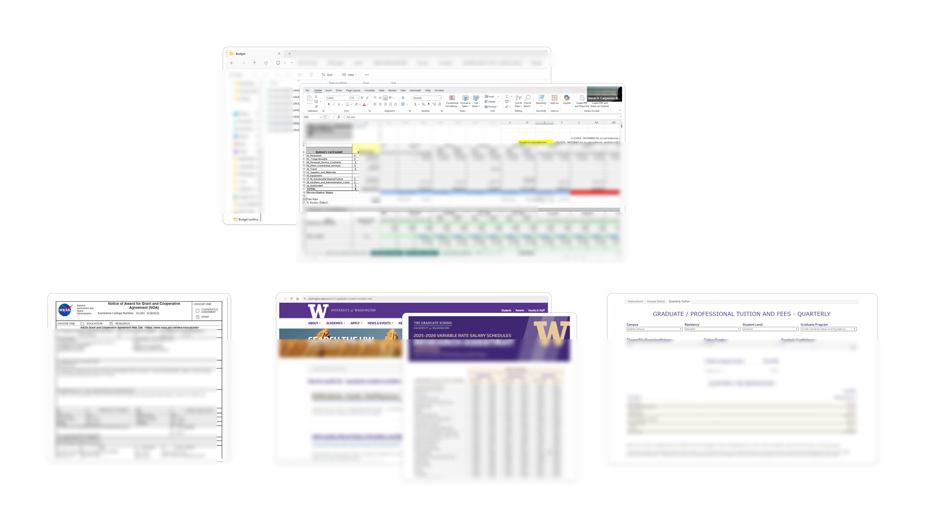 The scattered sources a grant manager juggles per award: file folders, an Excel budget, the Notice of Award PDF, and UW rate websites