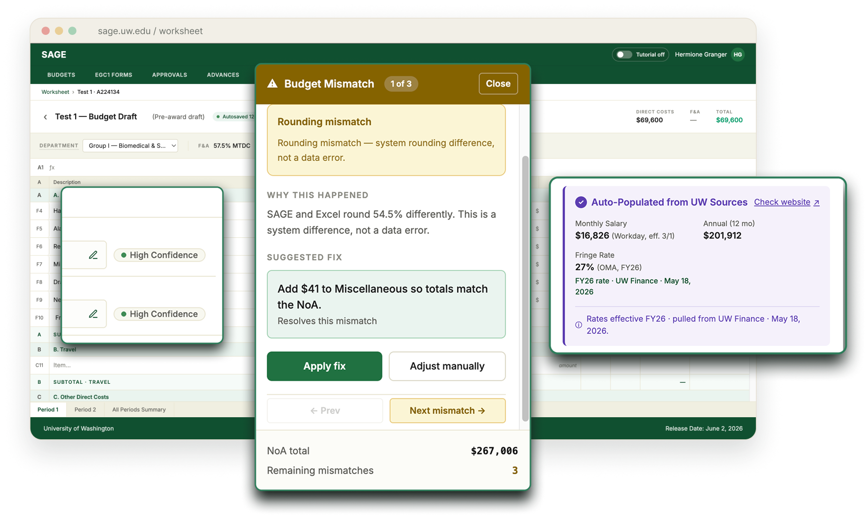The SAGE worksheet — a research budget built inside SAGE, with AI-filled cells, confidence chips, and source labels