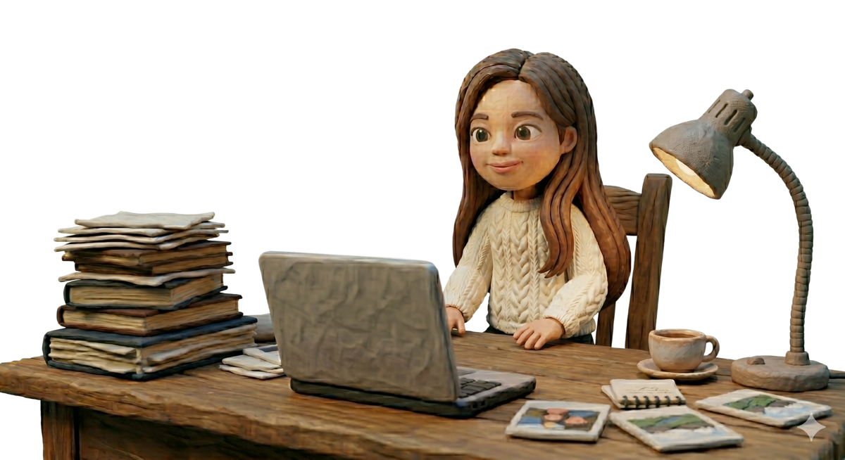 A clay-rendered illustration of Jiyae sitting at a writing desk with a brass lamp and a stack of books.