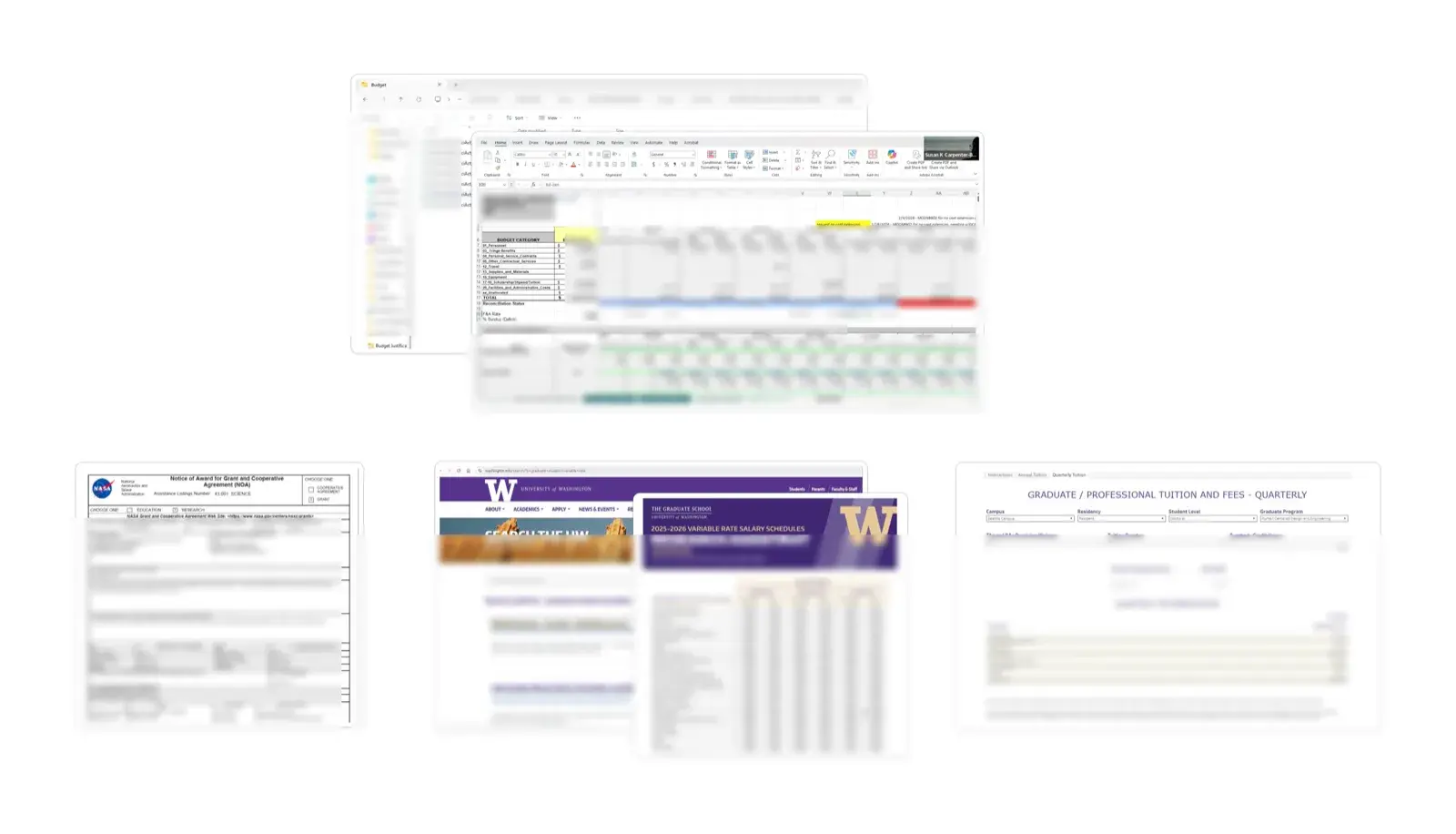 The scattered sources a grant manager juggles per award: file folders, an Excel budget, the Notice of Award PDF, and UW rate websites