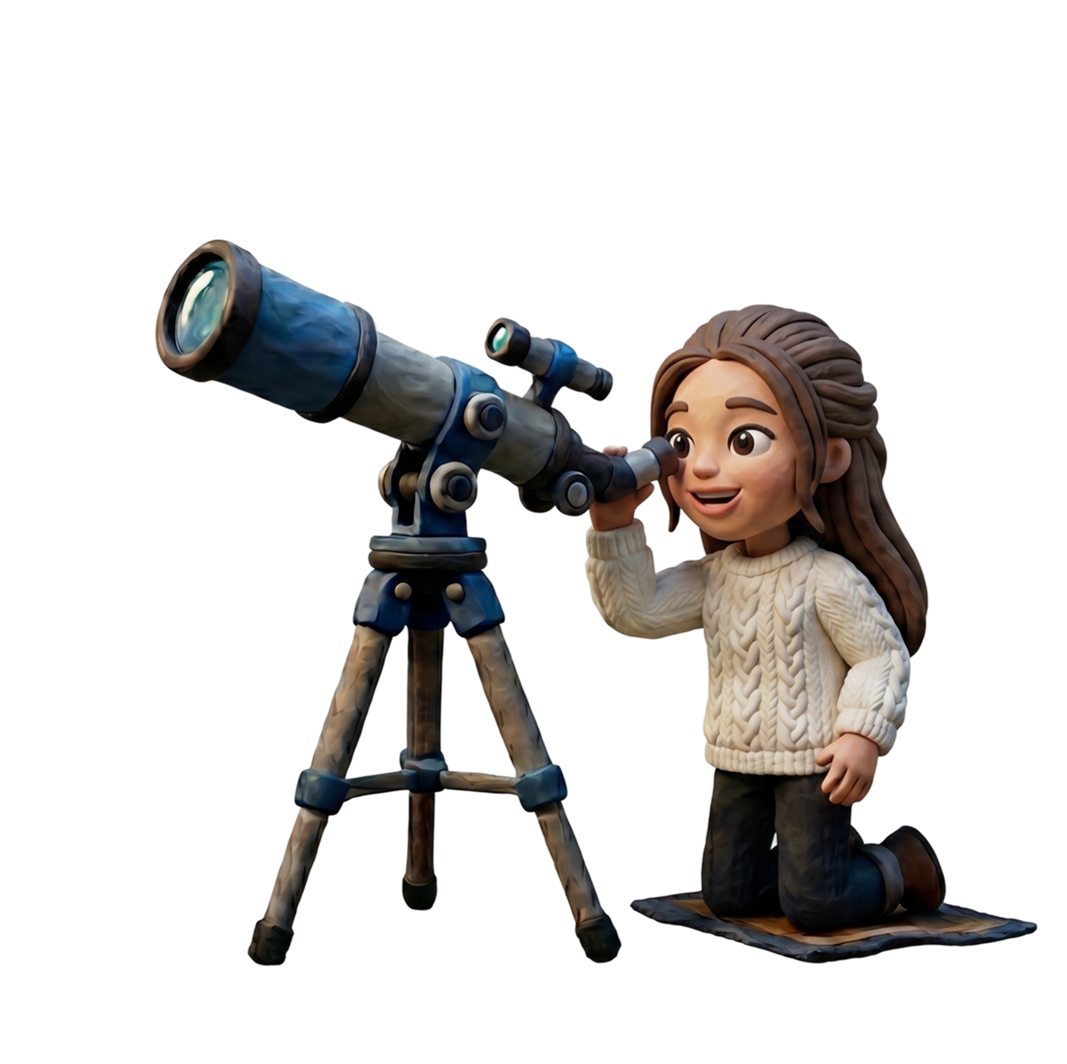 A girl in a knit sweater looks up through a telescope at the night sky above.