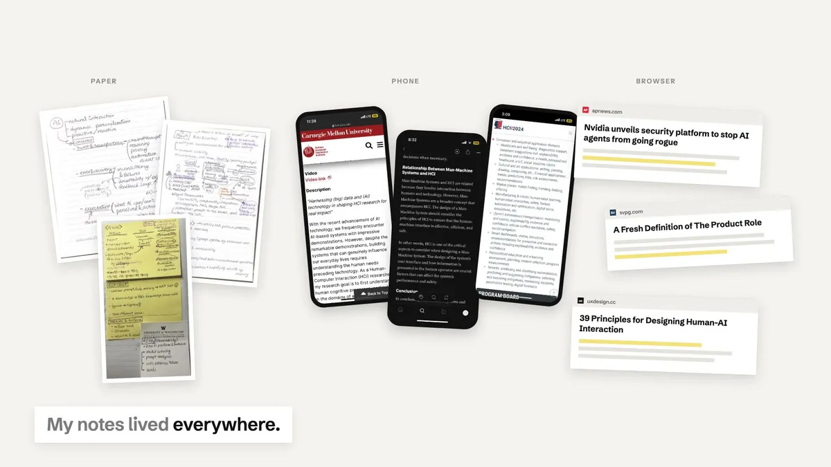 Handwritten notebook pages, phone screenshots and saved web articles, the three kinds of notes Notes Archive files