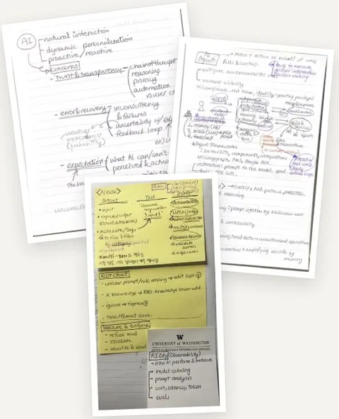 Jiyae's handwritten notebook pages and sticky notes on AI evaluation