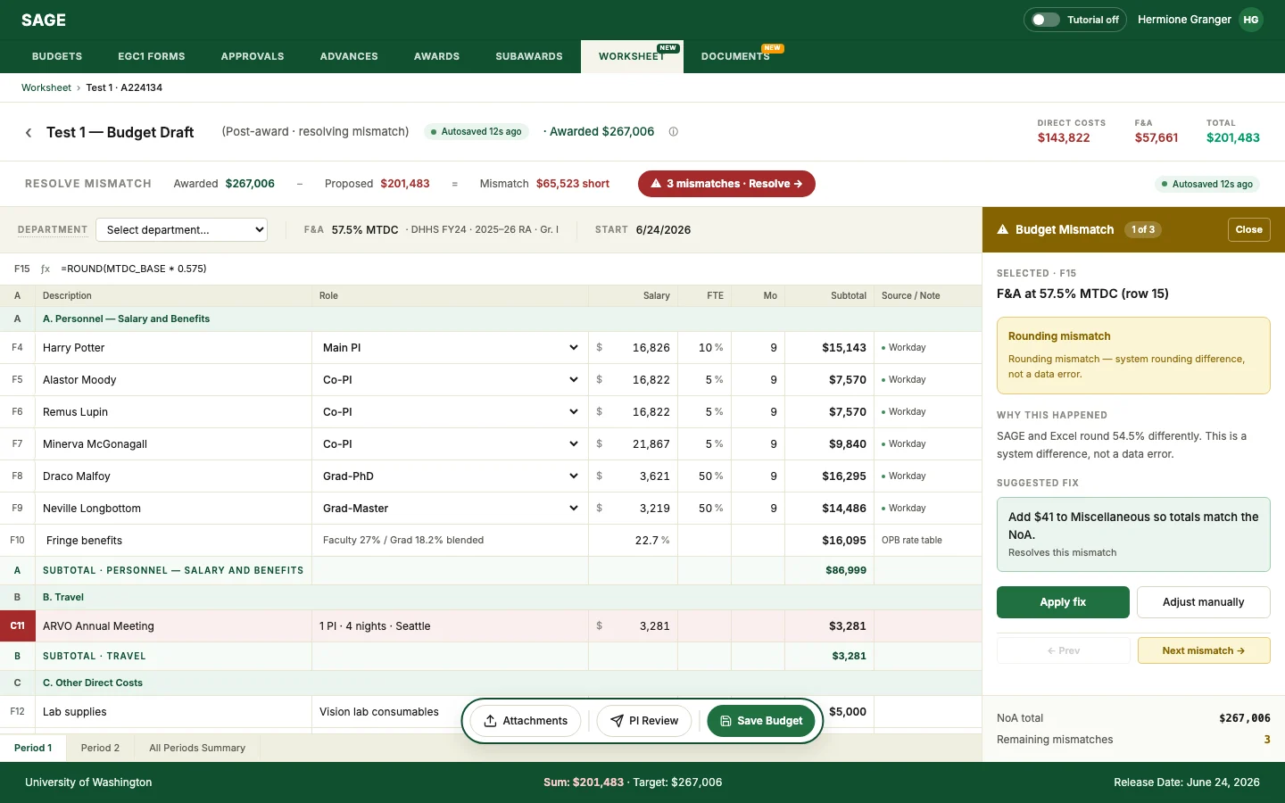 The prototype's reconciliation view: a budget worksheet with a rounding mismatch explained in a side panel, and a suggested fix to apply or adjust by hand
