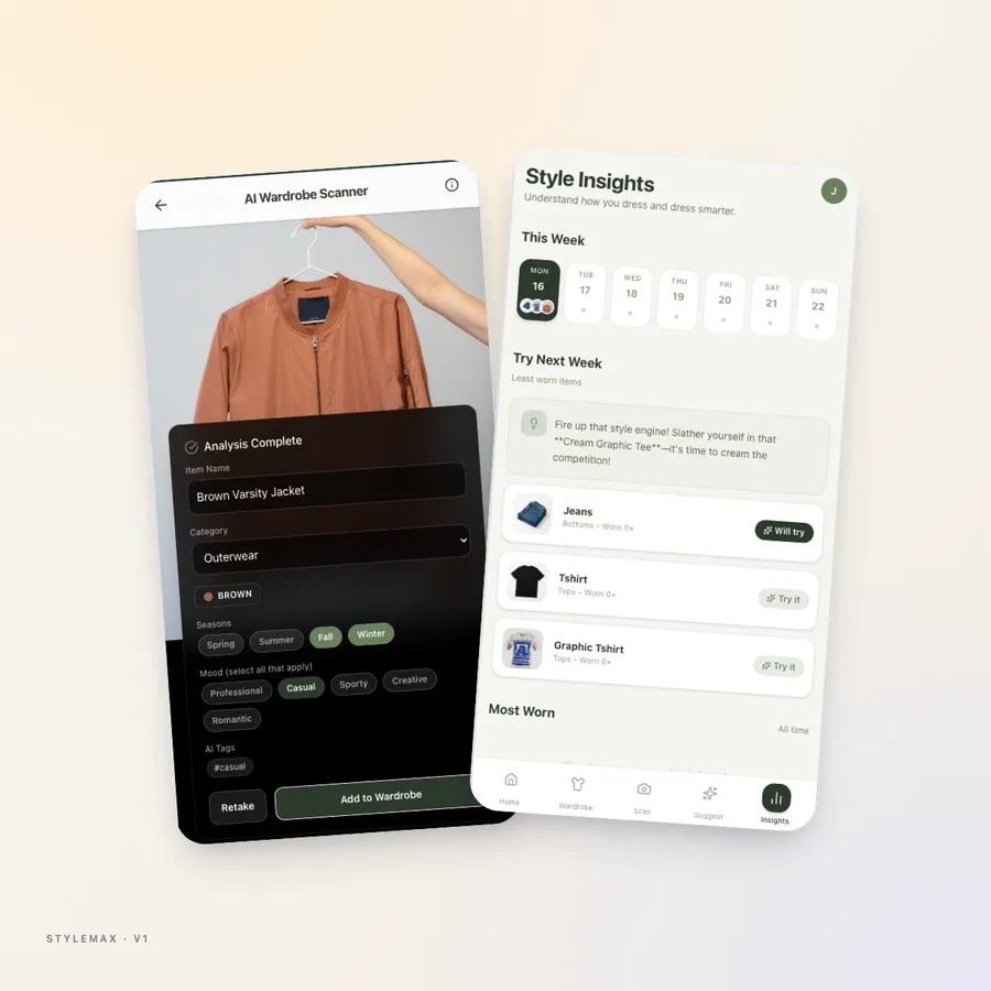 Stylemax on two phones: the AI wardrobe scanner naming a brown varsity jacket, and style insights for the week