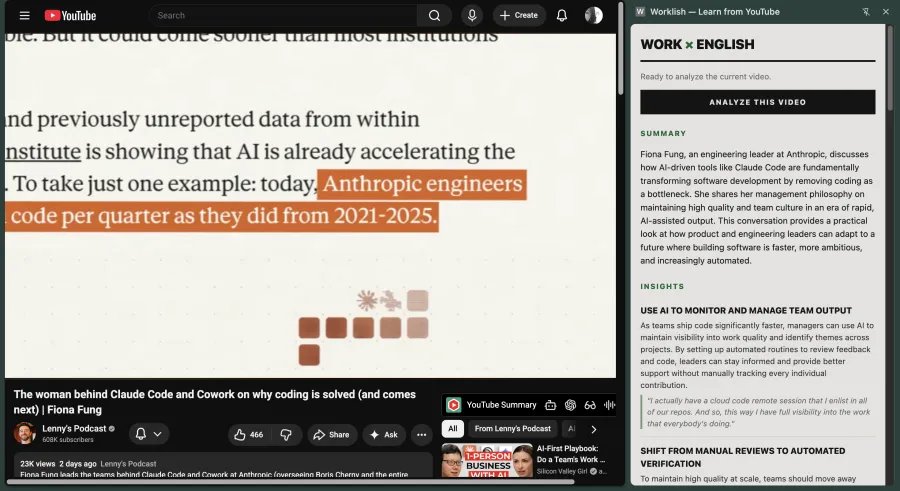 Worklish's side panel beside a YouTube talk, showing a summary and insights