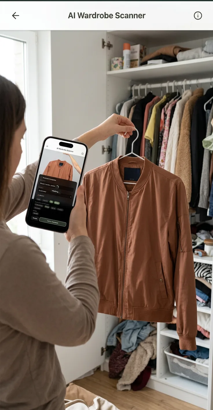 A woman using phone to capture clothes and categorize the items