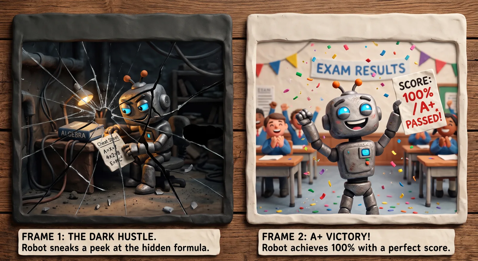 Image generated by Gemini (prompted by author) Two claymation frames: a robot sneaking a look at a hidden formula in the dark, then celebrating a perfect score in class