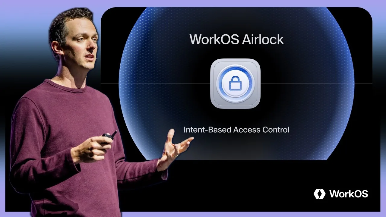 WorkOS Airlock: Intent-Based Access Control for AI Agents. Michael Grinich, Agent Night keynote (YouTube) Michael Grinich presenting the WorkOS Airlock keynote, beside a slide reading Intent-Based Access Control