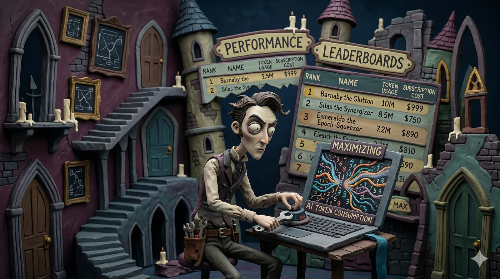 An engineer in front of the laptop maximizing AI token consumption with perfomance ranking and leaderboards in the background